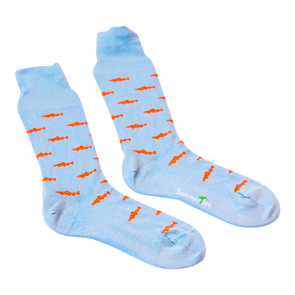 Trout Socks - Orange on Light Blue - Men's Mid Calf