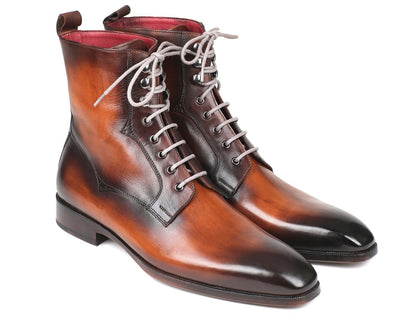 Paul Parkman Men's Brown Burnished Leather Lace-Up Boots (ID#BT534-BRW) Phreshmen