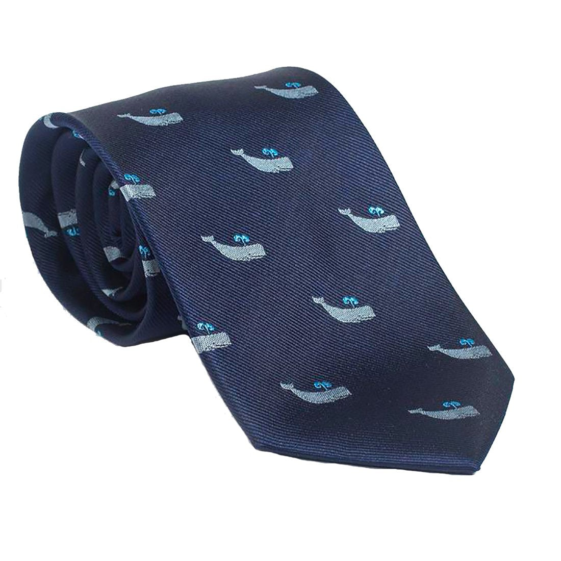 Sperm Whale Necktie - Grey on Navy, Woven Silk - Spread