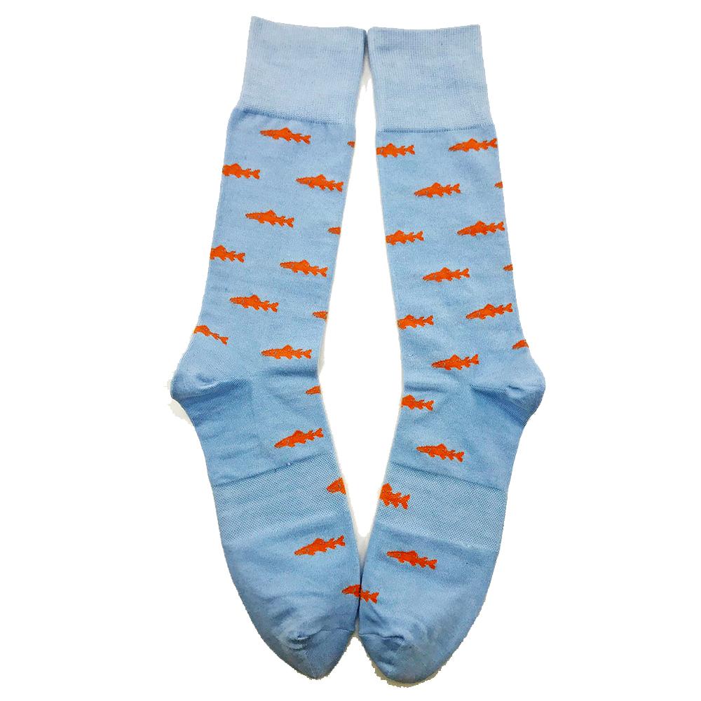 Trout Socks - Orange on Light Blue - Men's Mid Calf