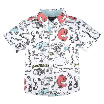 Fish Print Short Sleeve Button-Down Shirt Phreshmen