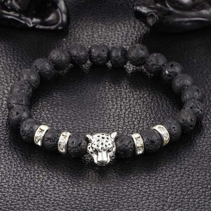 Silver Onyx Stone Leopard and Lava Stone Beads Men's Bracelet Phreshmen
