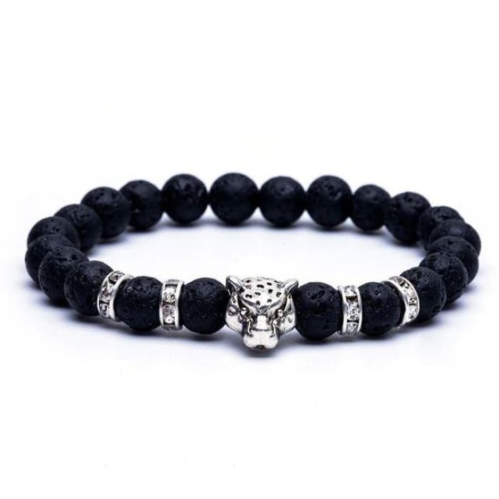 Silver Onyx Stone Leopard and Lava Stone Beads Men's Bracelet