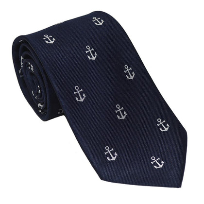Anchor Necktie - White on Navy, Woven Silk Phreshmen