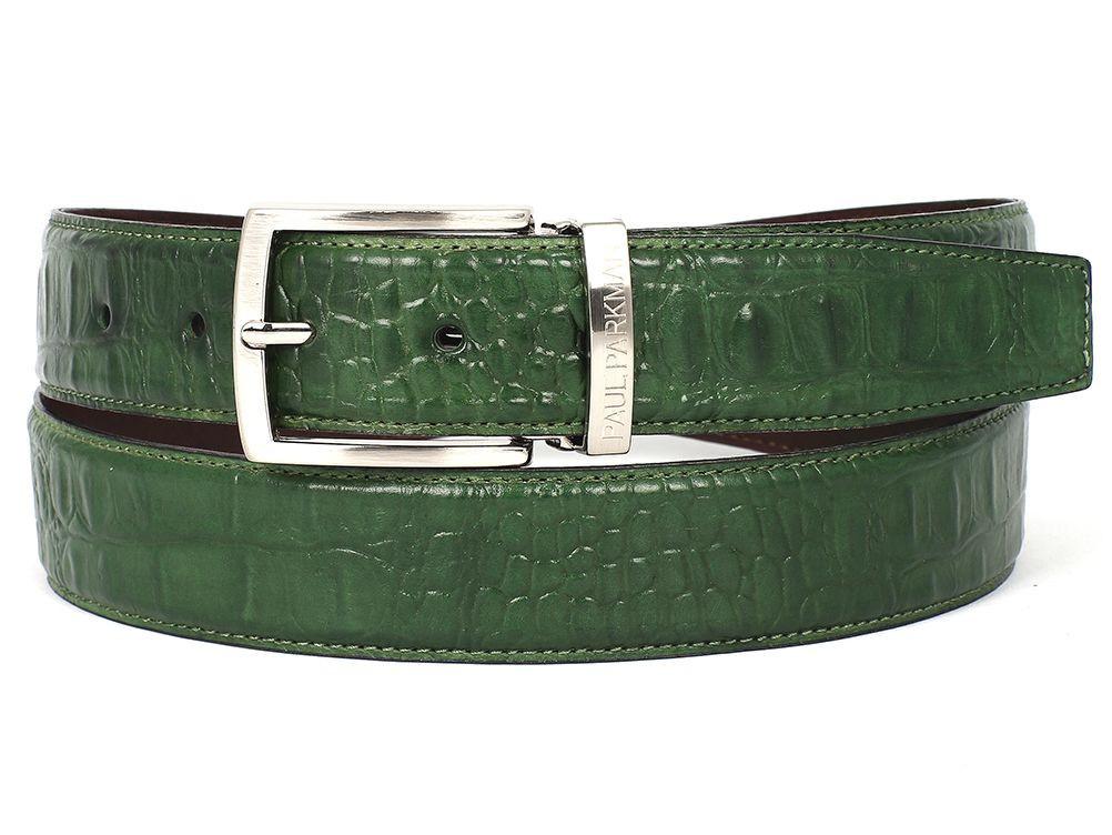 PAUL PARKMAN Men's Crocodile Embossed Calfskin Leather Belt Hand-Painted Green (ID#B02-GRN)