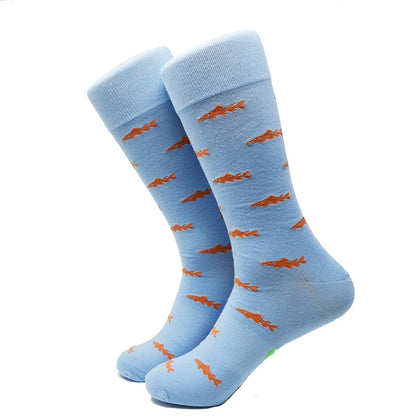 Trout Socks - Orange on Light Blue - Men's Mid Calf Phreshmen