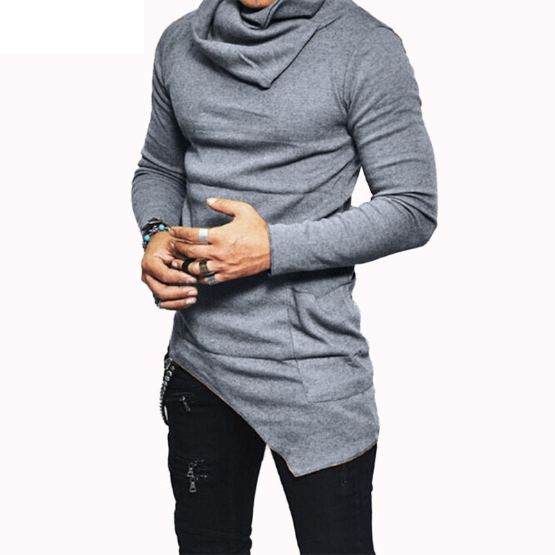 Plus Size 5XL Men's Hoodies Unbalance Hem Pocket Long Sleeve Sweatshirt For Men Clothing Autumn Turtleneck Sweatshirt Top Hoodie