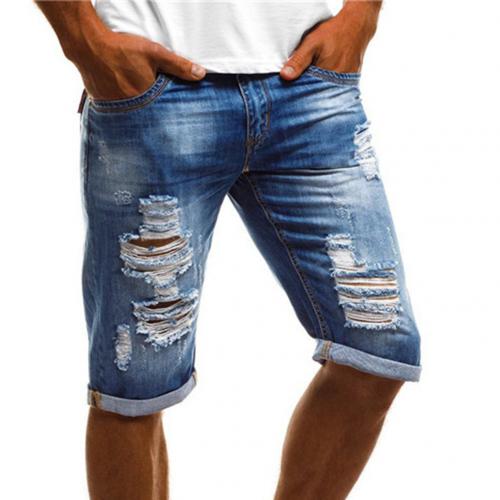 Men Ripped Vintage Jeans Turn Up Cuff Fifth Pants Denim Shorts