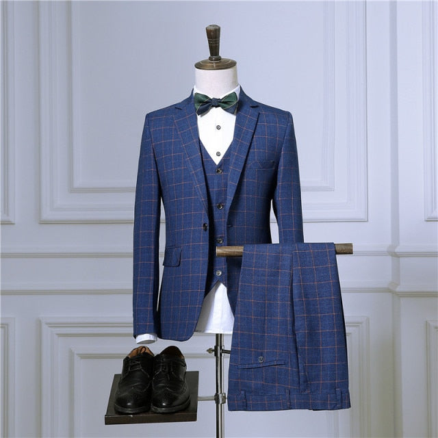 Men's Casual Business Plaid 3 Piece Suit w/Jacket Coat Trousers