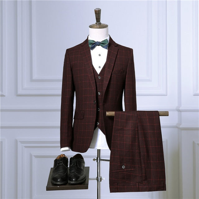 Men's Casual Business Plaid 3 Piece Suit w/Jacket Coat Trousers